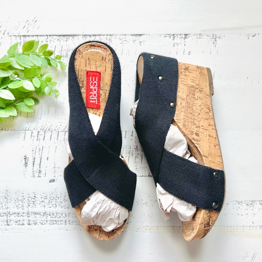 SOLD. Esprit 8.5 Strappy Black Canvas Cork Wrapped Platform Wedge Sandals